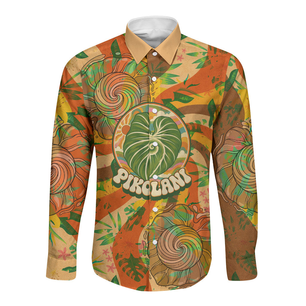 Hawaiian Piko Lani Cultivate I Ka Piko Aloha Long Sleeve Button Shirt Retro Psychedelic Taro Leaf - Hibiscus Flowers