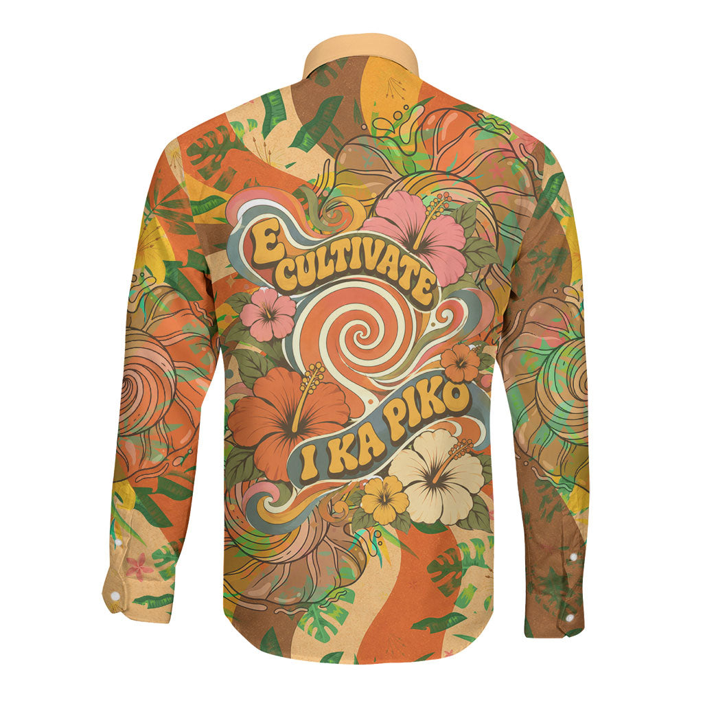 Hawaiian Piko Lani Cultivate I Ka Piko Aloha Long Sleeve Button Shirt Retro Psychedelic Taro Leaf - Hibiscus Flowers
