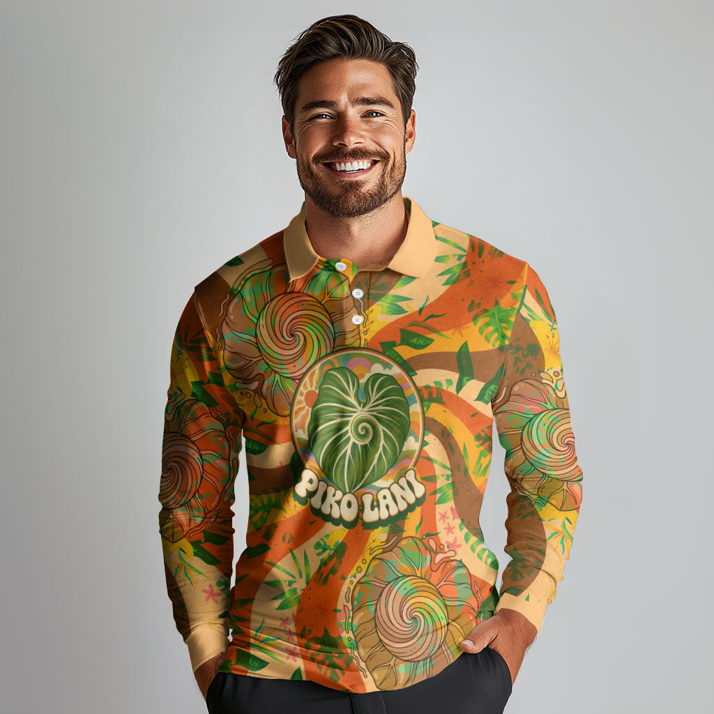 Hawaiian Piko Lani Cultivate I Ka Piko Aloha Long Sleeve Polo Shirt Retro Psychedelic Taro Leaf - Hibiscus Flowers