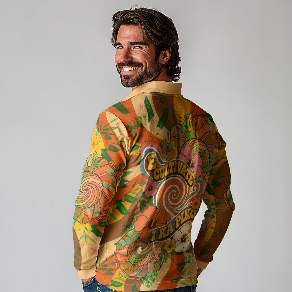 Hawaiian Piko Lani Cultivate I Ka Piko Aloha Long Sleeve Polo Shirt Retro Psychedelic Taro Leaf - Hibiscus Flowers