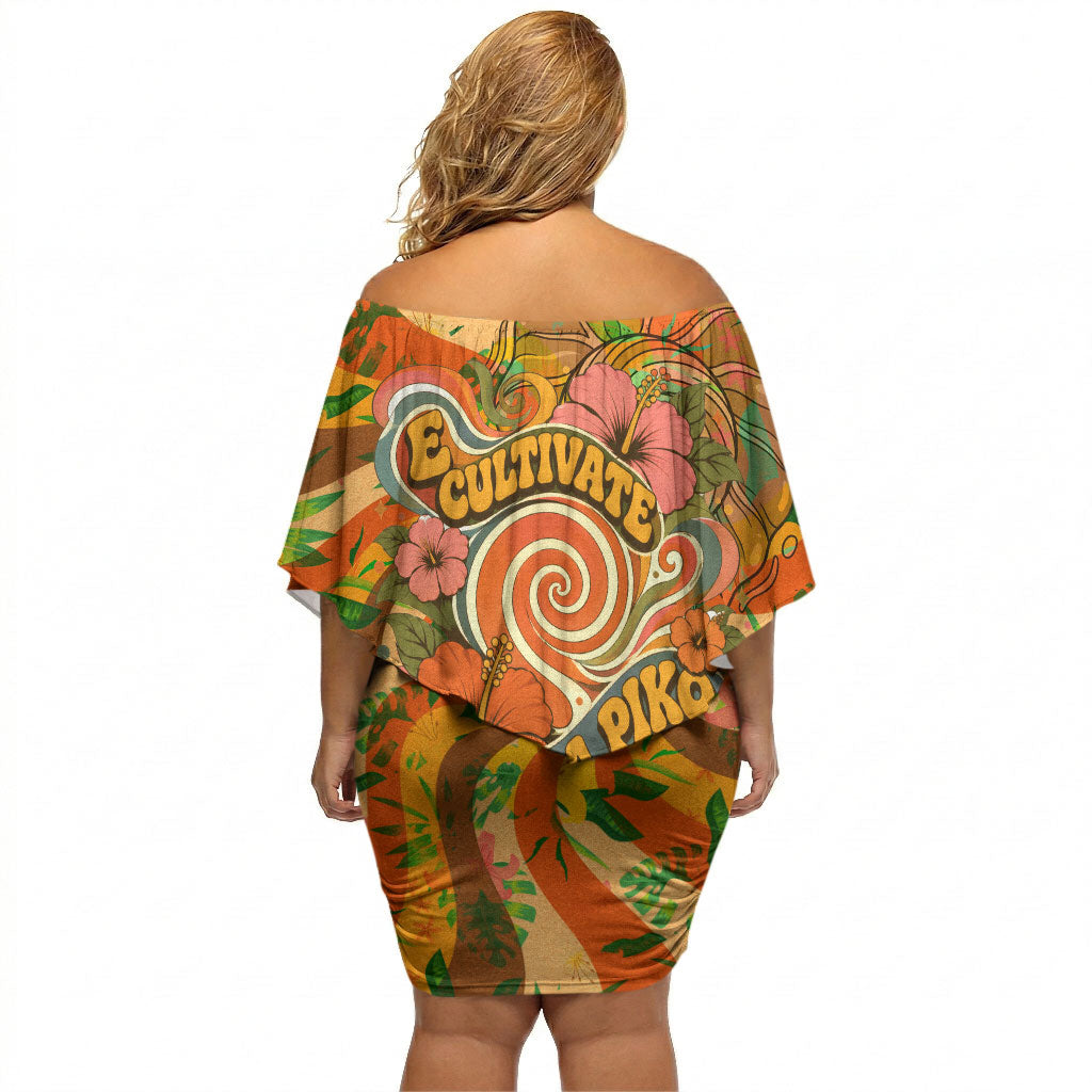 Hawaiian Piko Lani Cultivate I Ka Piko Aloha Off Shoulder Short Dress Retro Psychedelic Taro Leaf - Hibiscus Flowers