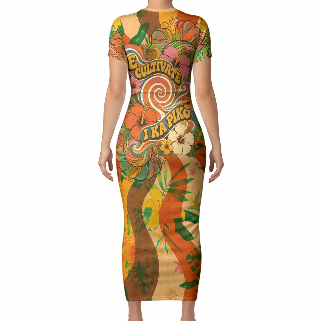 Hawaiian Piko Lani Cultivate I Ka Piko Aloha Short Sleeve Bodycon Dress Retro Psychedelic Taro Leaf - Hibiscus Flowers