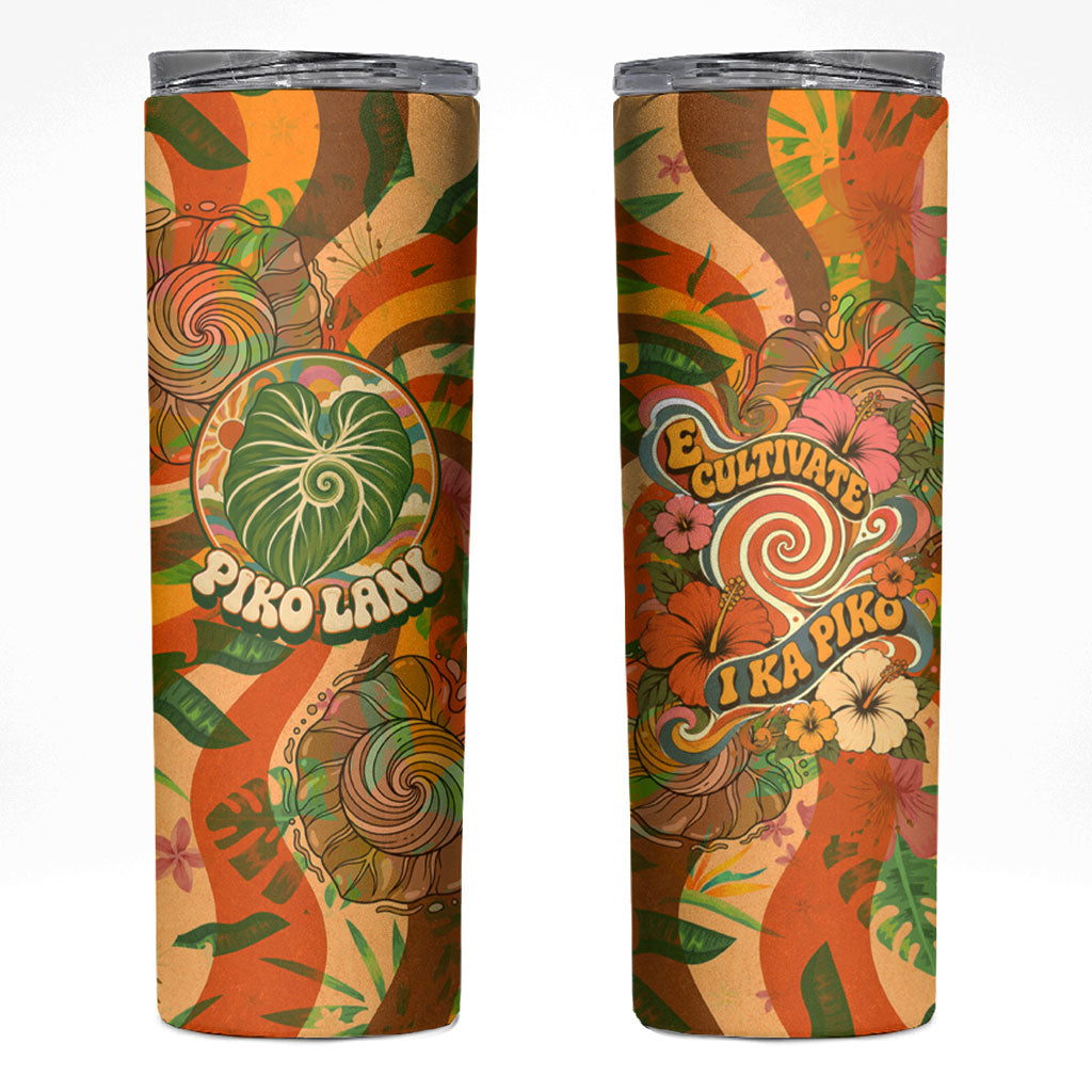 Hawaiian Piko Lani Cultivate I Ka Piko Aloha Skinny Tumbler Retro Psychedelic Taro Leaf - Hibiscus Flowers