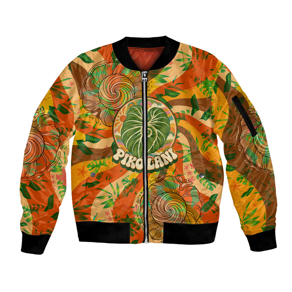 Hawaiian Piko Lani Cultivate I Ka Piko Aloha Sleeve Zip Bomber Jacket Retro Psychedelic Taro Leaf - Hibiscus Flowers