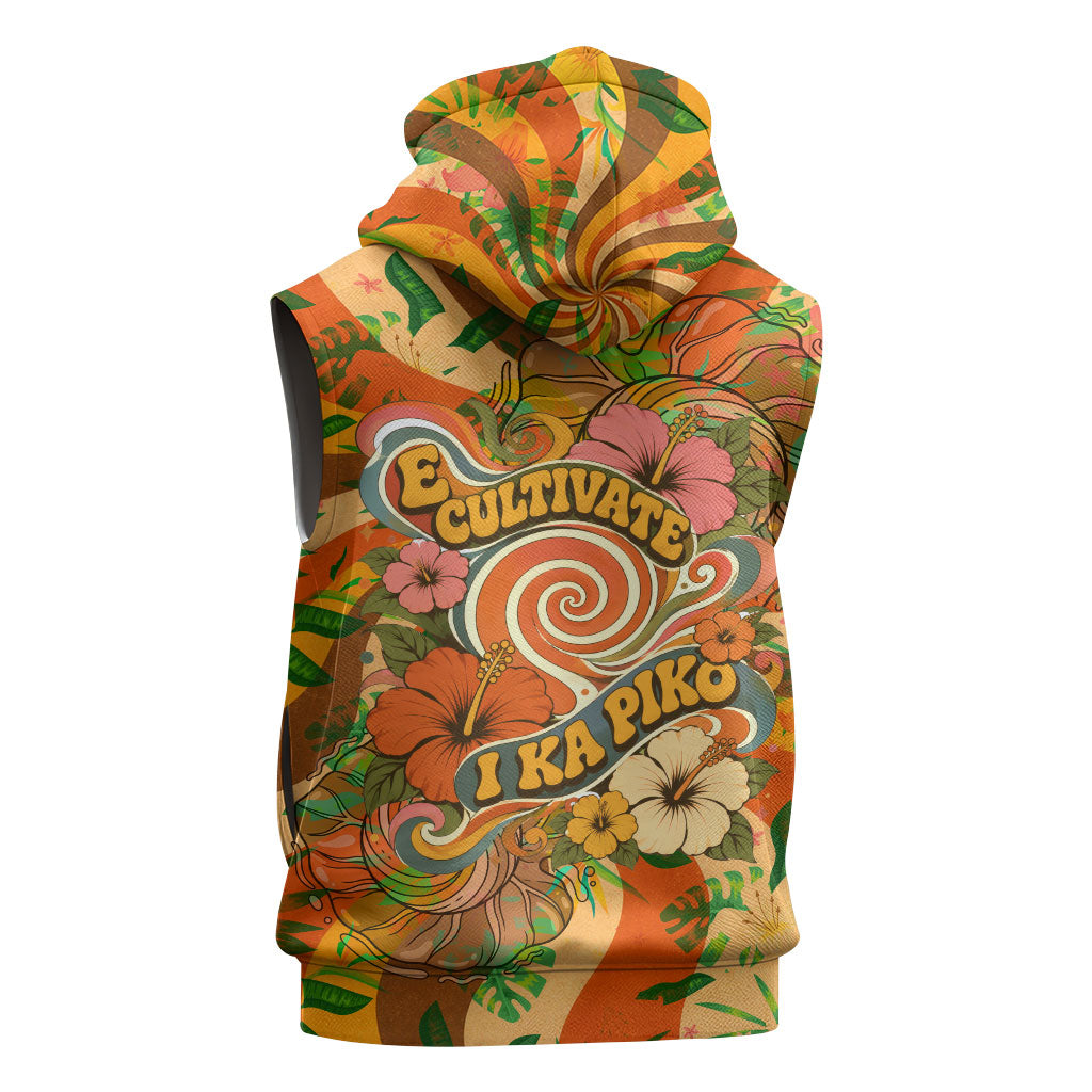 Hawaiian Piko Lani Cultivate I Ka Piko Aloha Sleeveless Hoodie Retro Psychedelic Taro Leaf - Hibiscus Flowers