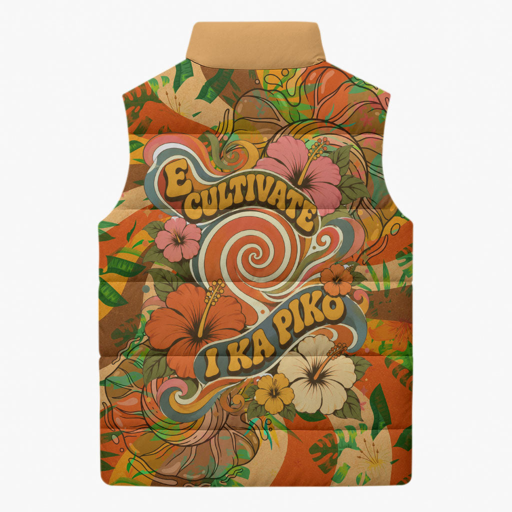 Hawaiian Piko Lani Cultivate I Ka Piko Aloha Sleeveless Puffer Jacket Retro Psychedelic Taro Leaf - Hibiscus Flowers