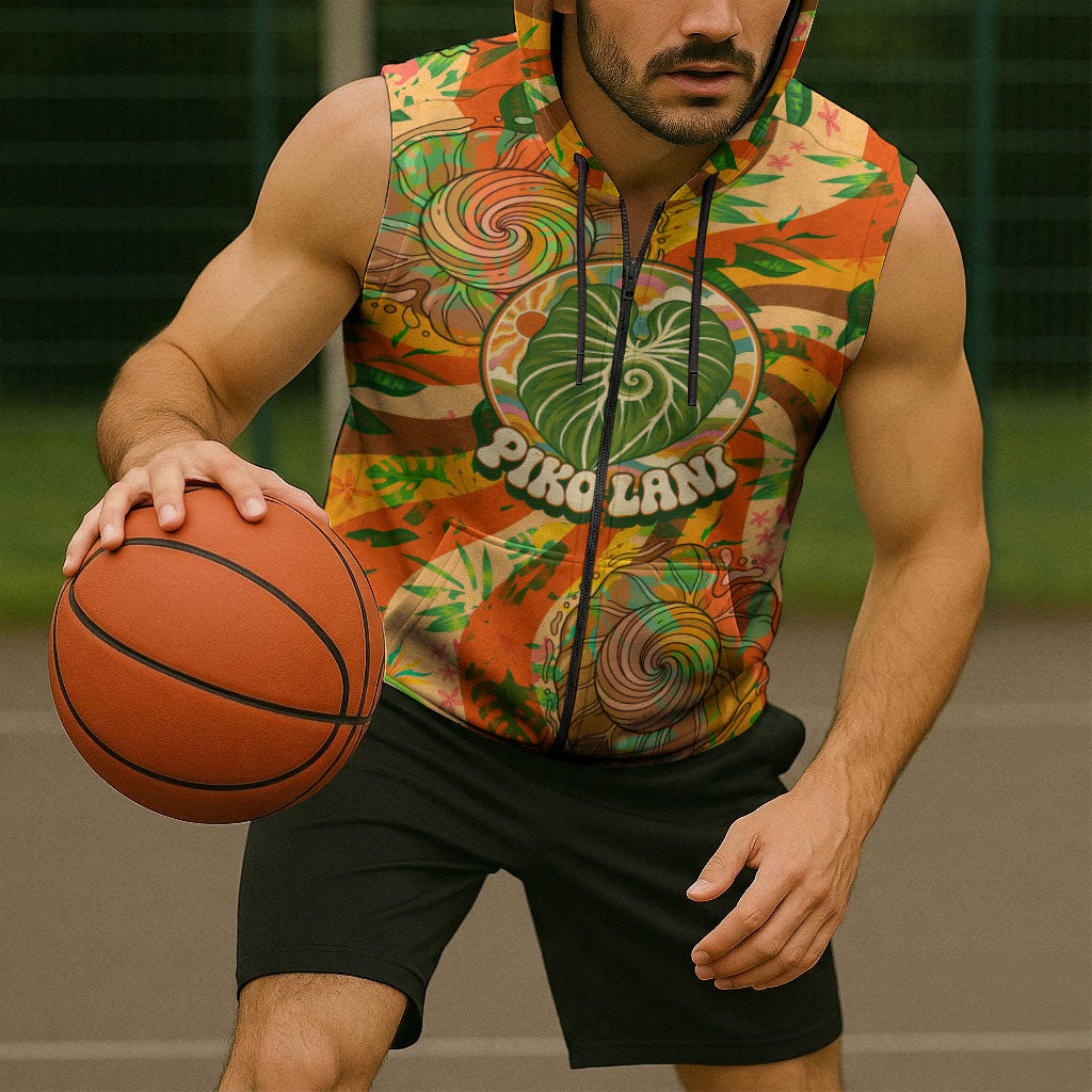 Hawaiian Piko Lani Cultivate I Ka Piko Aloha Sleeveless Zip Hoodie Retro Psychedelic Taro Leaf - Hibiscus Flowers