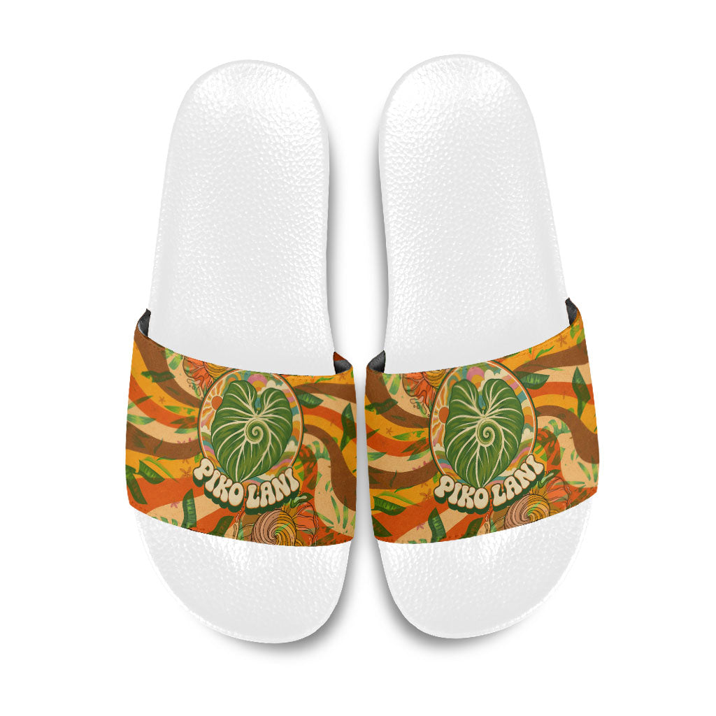 Hawaiian Piko Lani Cultivate I Ka Piko Aloha Slide Sandals Retro Psychedelic Taro Leaf - Hibiscus Flowers