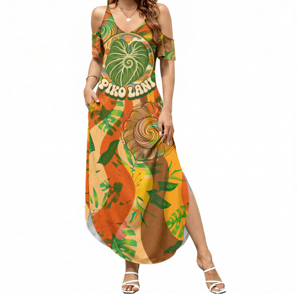 Hawaiian Piko Lani Cultivate I Ka Piko Aloha Summer Maxi Dress Retro Psychedelic Taro Leaf - Hibiscus Flowers