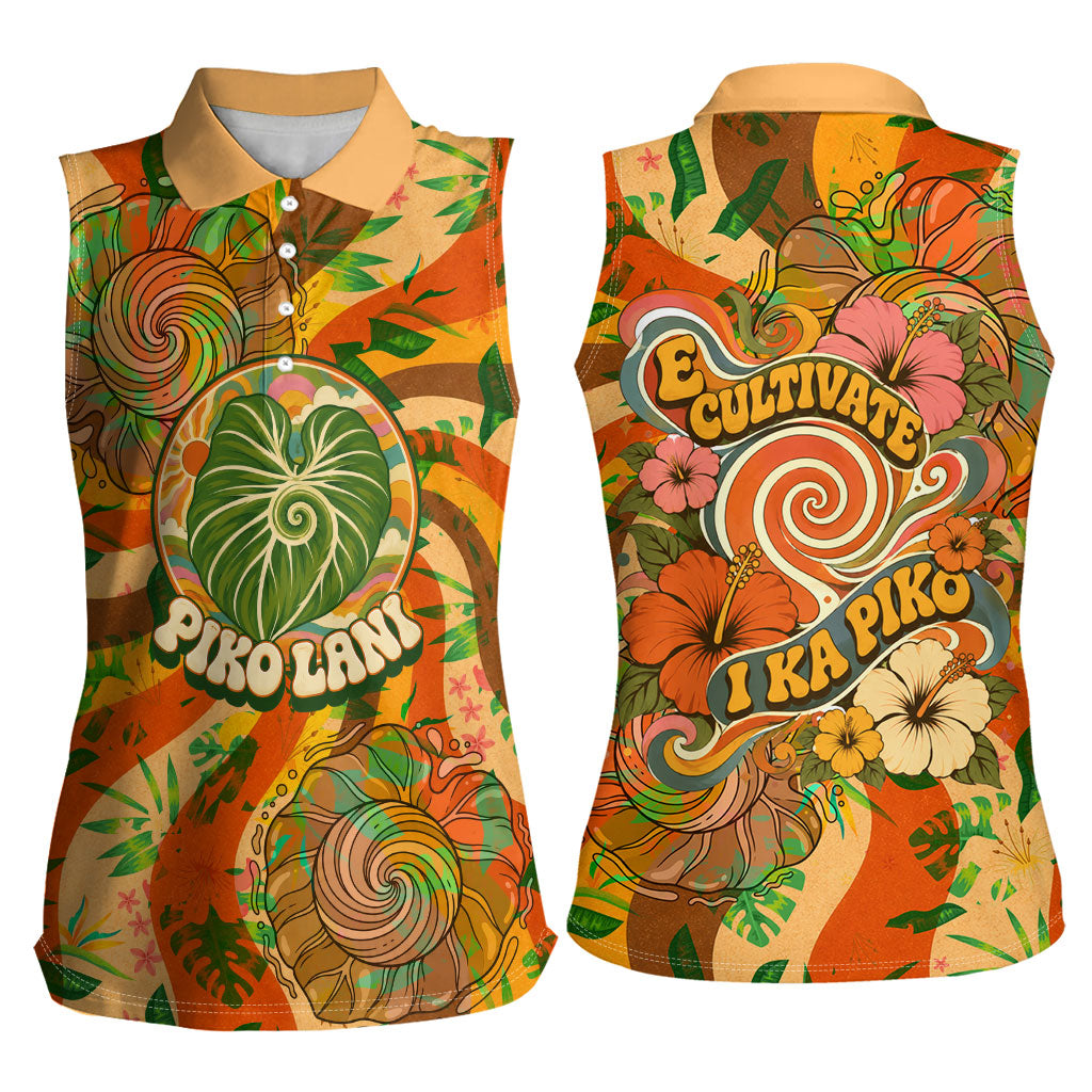 Hawaiian Piko Lani Cultivate I Ka Piko Aloha Women Sleeveless Polo Shirt Retro Psychedelic Taro Leaf - Hibiscus Flowers