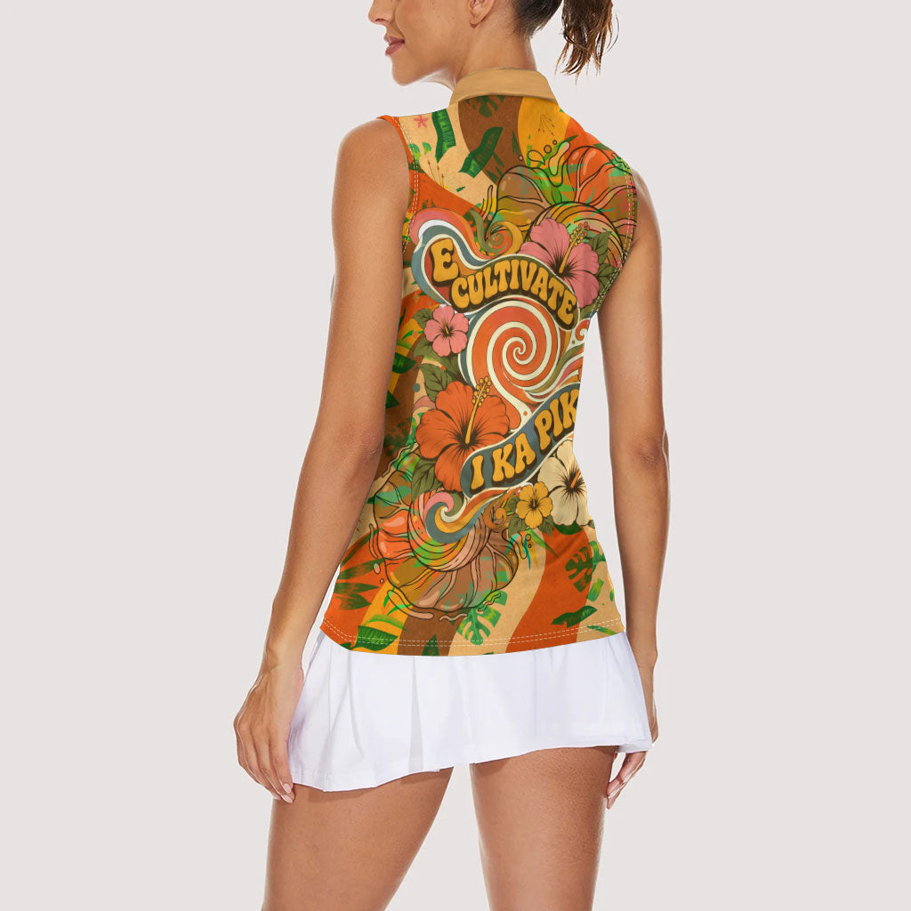 Hawaiian Piko Lani Cultivate I Ka Piko Aloha Women Sleeveless Polo Shirt Retro Psychedelic Taro Leaf - Hibiscus Flowers
