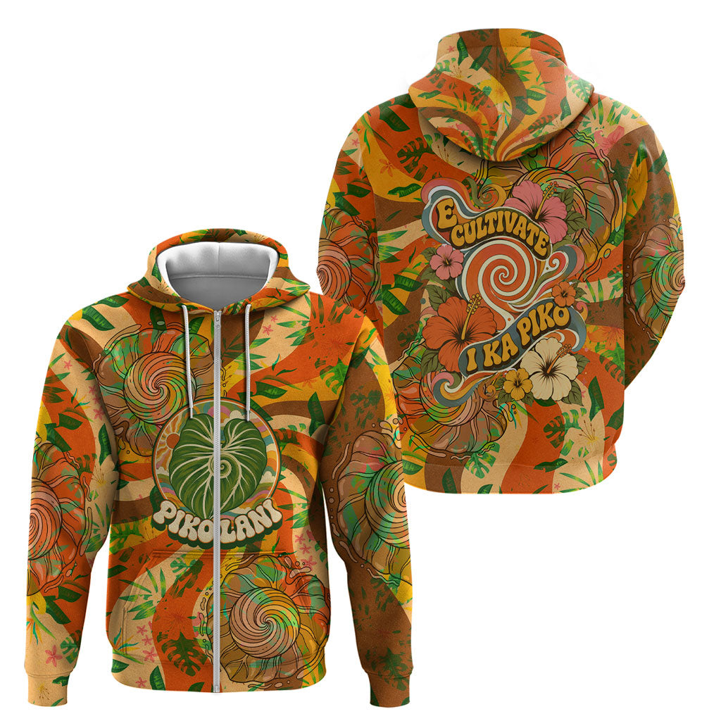 Hawaiian Piko Lani Cultivate I Ka Piko Aloha Zip Hoodie Retro Psychedelic Taro Leaf - Hibiscus Flowers