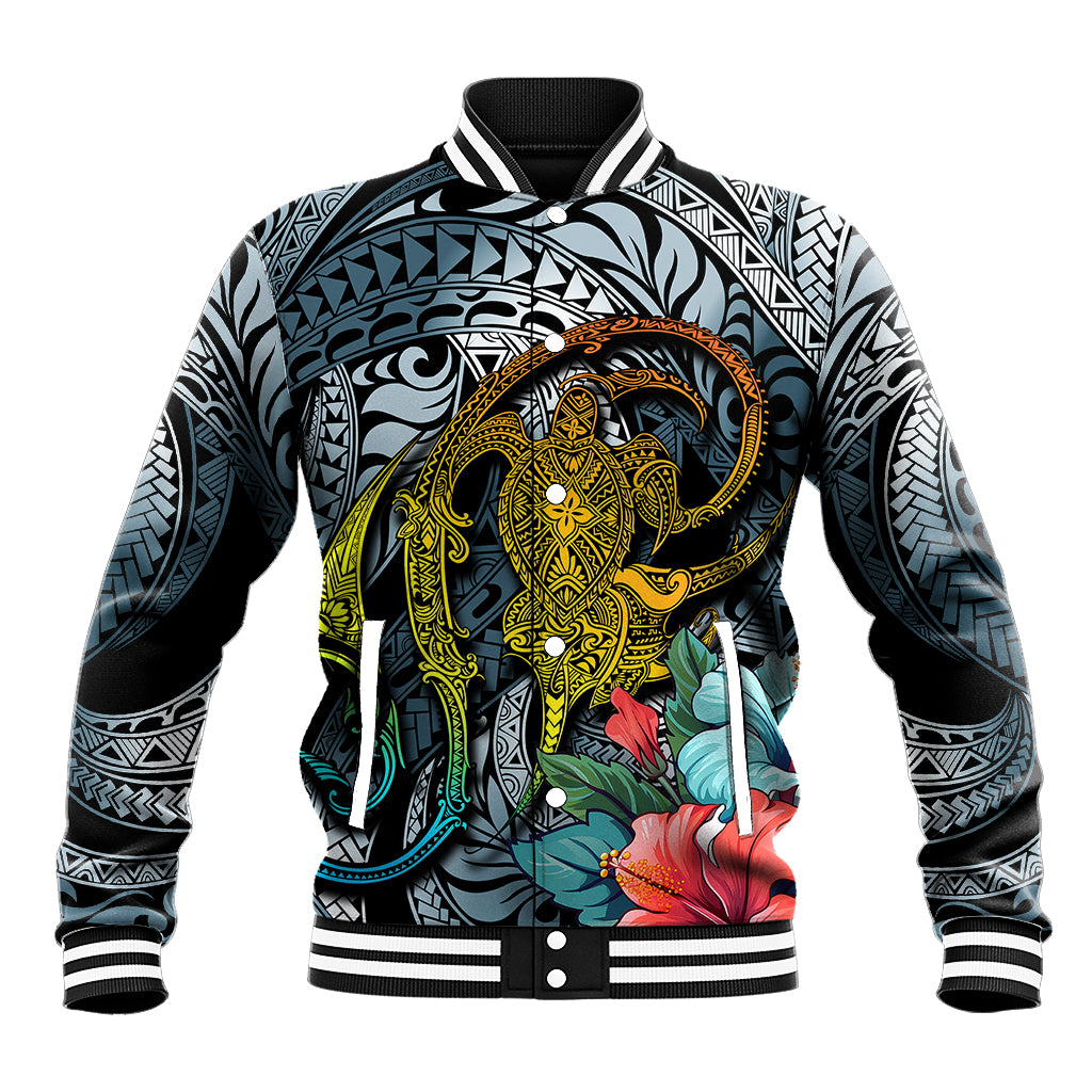 Hawaii Turtle Baseball Jacket Hawaii Pattern and Turtle Tattoo Dark Cyan Gradient TS04 Unisex Gradient - Polynesian Pride