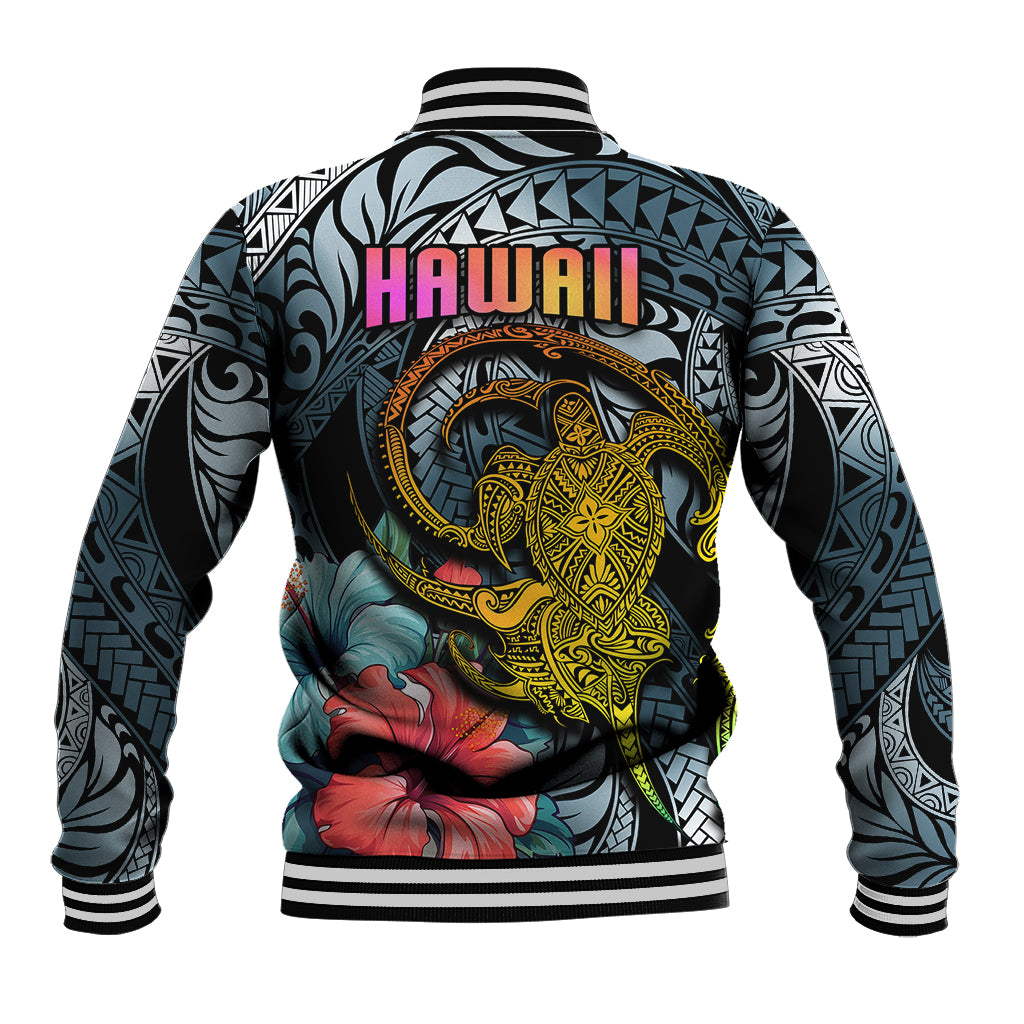 Hawaii Turtle Baseball Jacket Hawaii Pattern and Turtle Tattoo Dark Cyan Gradient TS04 - Polynesian Pride