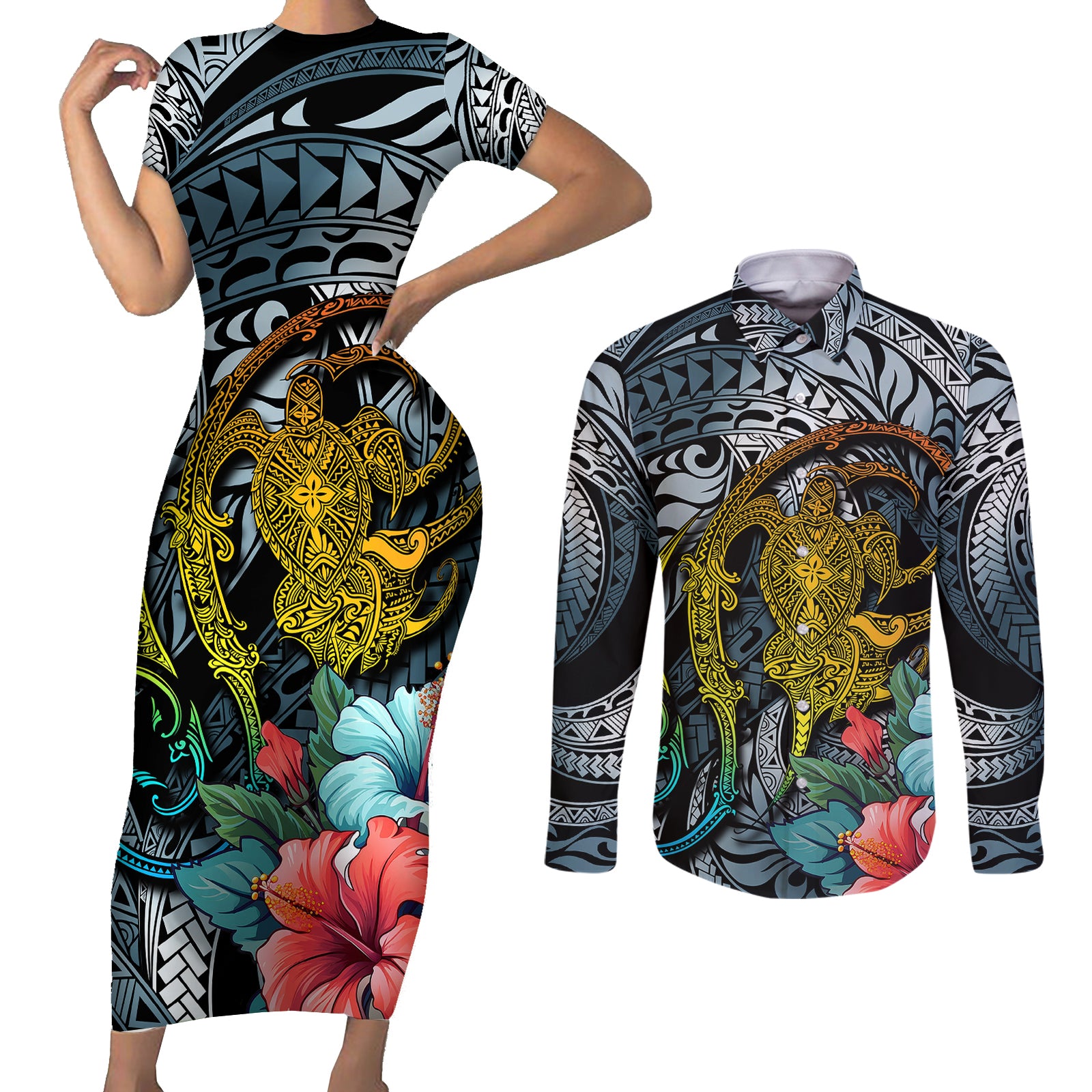 Hawaii Turtle Couples Matching Short Sleeve Bodycon Dress and Long Sleeve Button Shirts Hawaii Pattern and Turtle Tattoo Dark Cyan Gradient TS04 Gradient - Polynesian Pride