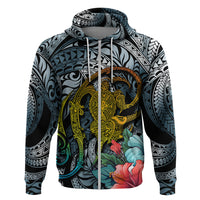 Hawaii Turtle Hoodie Hawaii Pattern and Turtle Tattoo Dark Cyan Gradient TS04 Zip Hoodie Gradient - Polynesian Pride