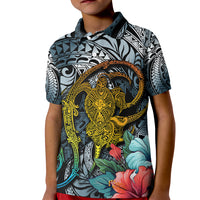 Hawaii Turtle Kid Polo Shirt Hawaii Pattern and Turtle Tattoo Dark Cyan Gradient TS04 Kid Gradient - Polynesian Pride