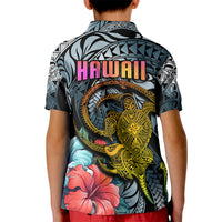 Hawaii Turtle Kid Polo Shirt Hawaii Pattern and Turtle Tattoo Dark Cyan Gradient TS04 - Polynesian Pride
