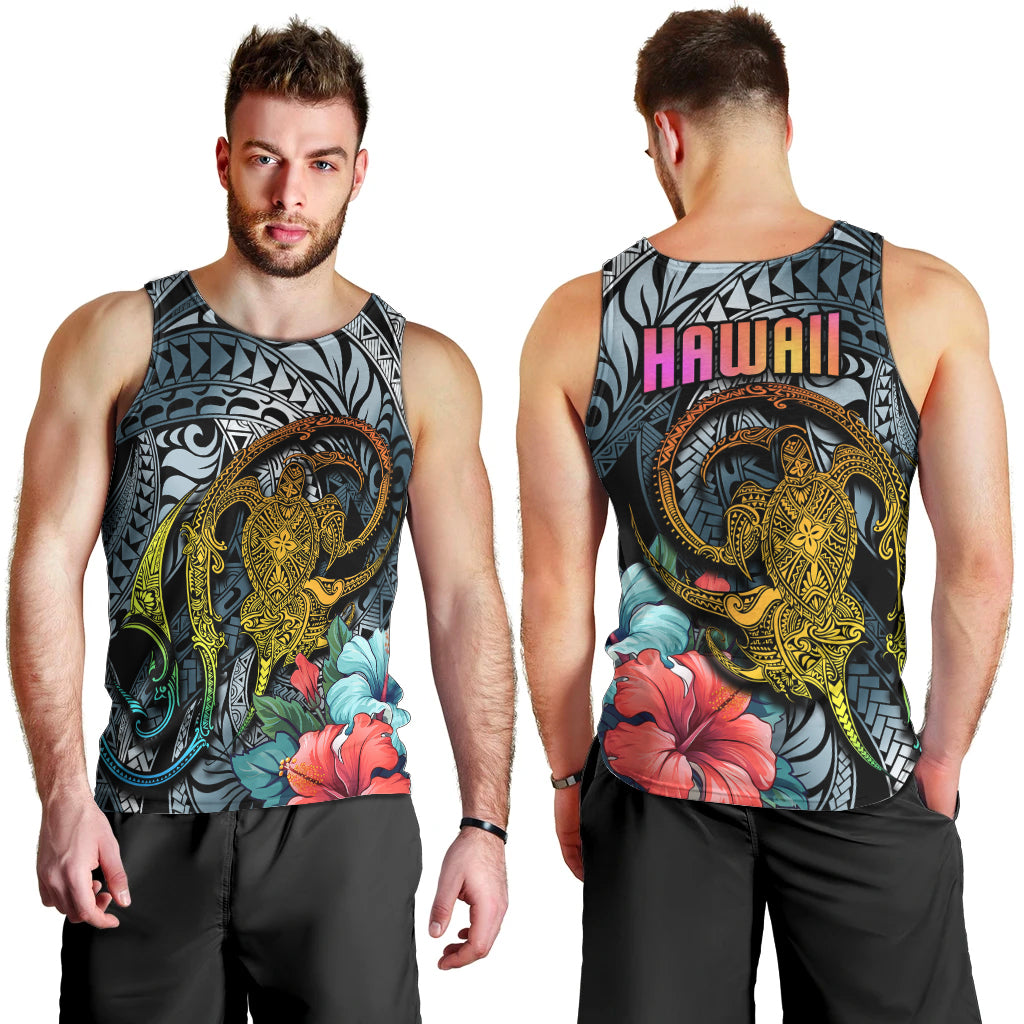 Hawaii Turtle Men Tank Top Hawaii Pattern and Turtle Tattoo Dark Cyan Gradient TS04 - Polynesian Pride
