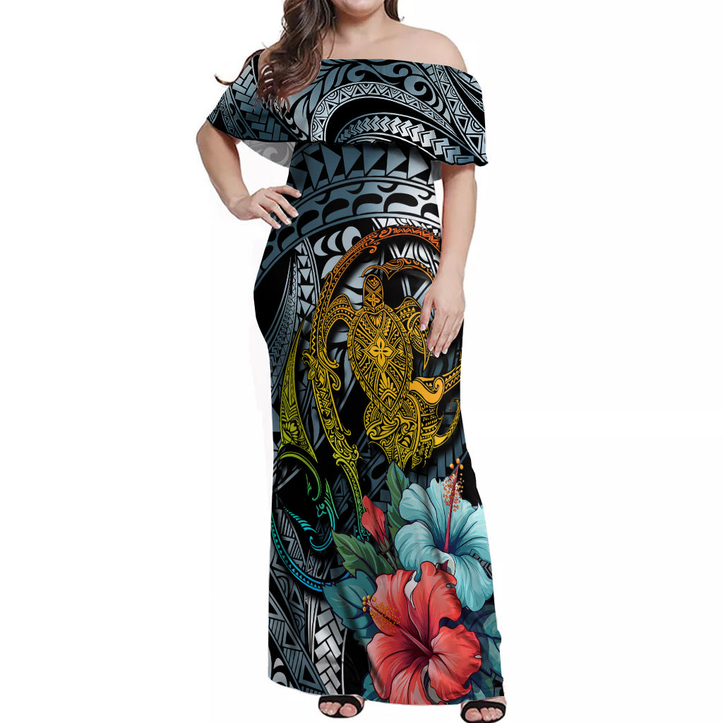 Hawaii Turtle Off Shoulder Maxi Dress Hawaii Pattern and Turtle Tattoo Dark Cyan Gradient TS04 Women Gradient - Polynesian Pride