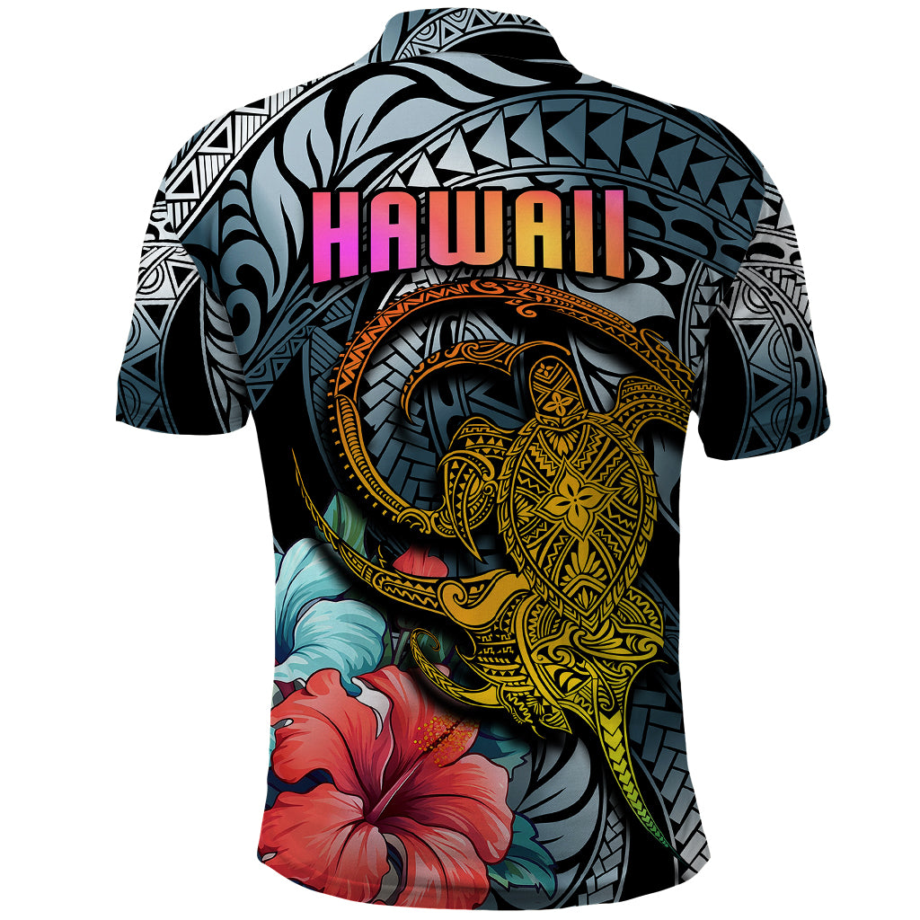 Hawaii Turtle Polo Shirt Hawaii Pattern and Turtle Tattoo Dark Cyan Gradient TS04 - Polynesian Pride
