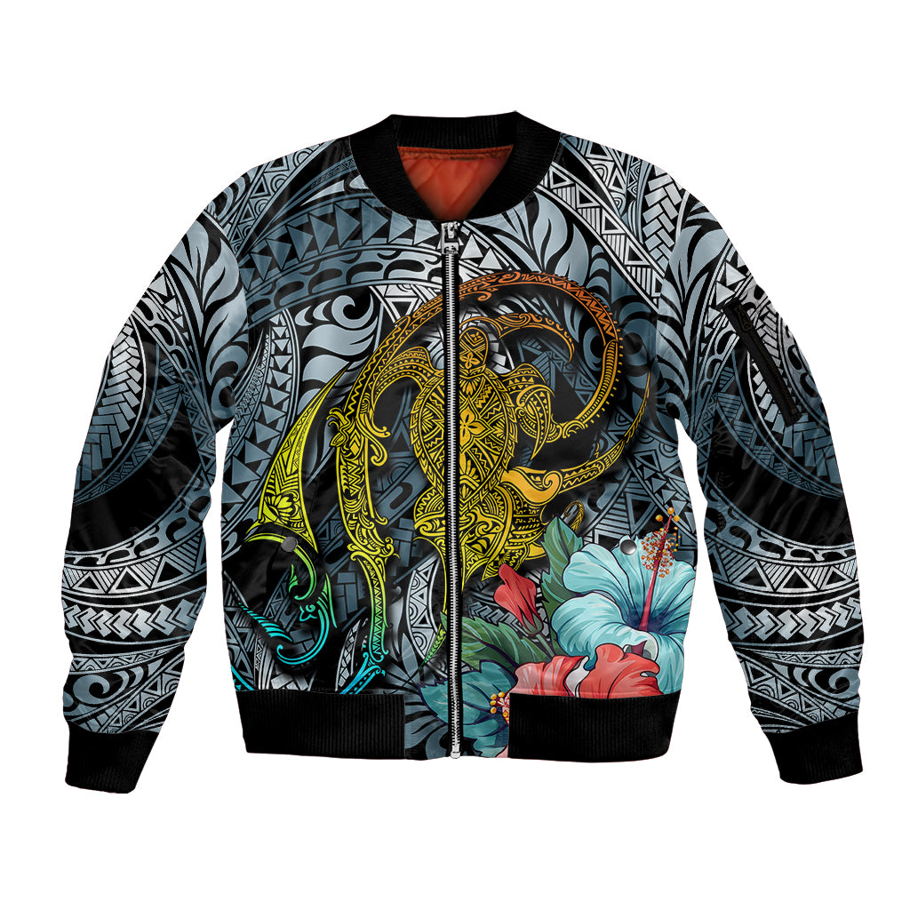 Hawaii Turtle Sleeve Zip Bomber Jacket Hawaii Pattern and Turtle Tattoo Dark Cyan Gradient TS04 Unisex Gradient - Polynesian Pride