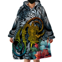 Hawaii Turtle Wearable Blanket Hoodie Hawaii Pattern and Turtle Tattoo Dark Cyan Gradient TS04 - Polynesian Pride