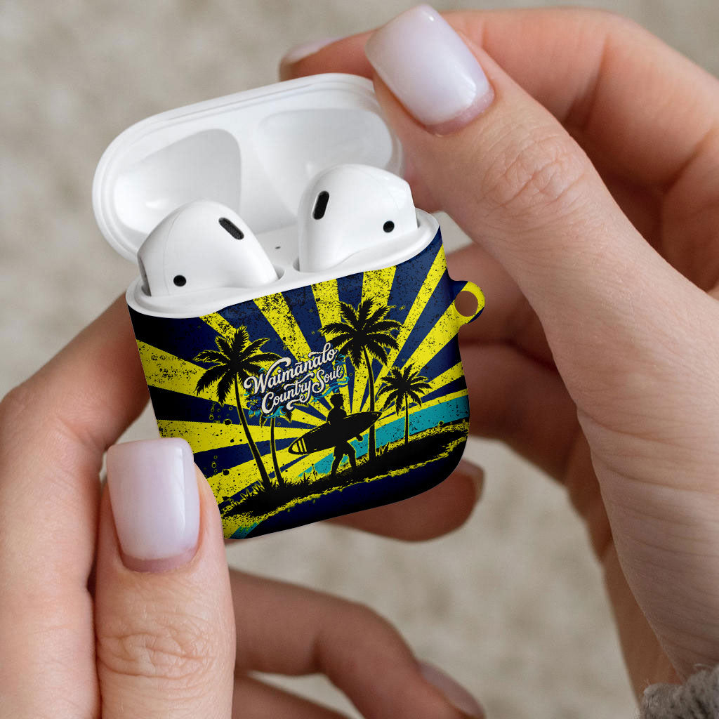 Waimanalo Oahu Hawaii Surfing AirPods Case Tropical Beach Retro Sunburst Surfboard