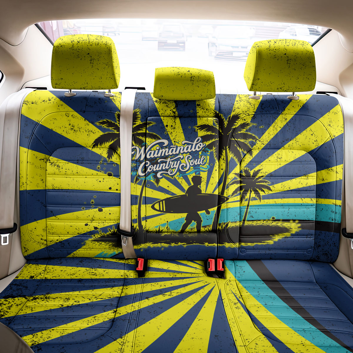 Waimanalo Oahu Hawaii Surfing Back Car Seat Cover Tropical Beach Retro Sunburst Surfboard