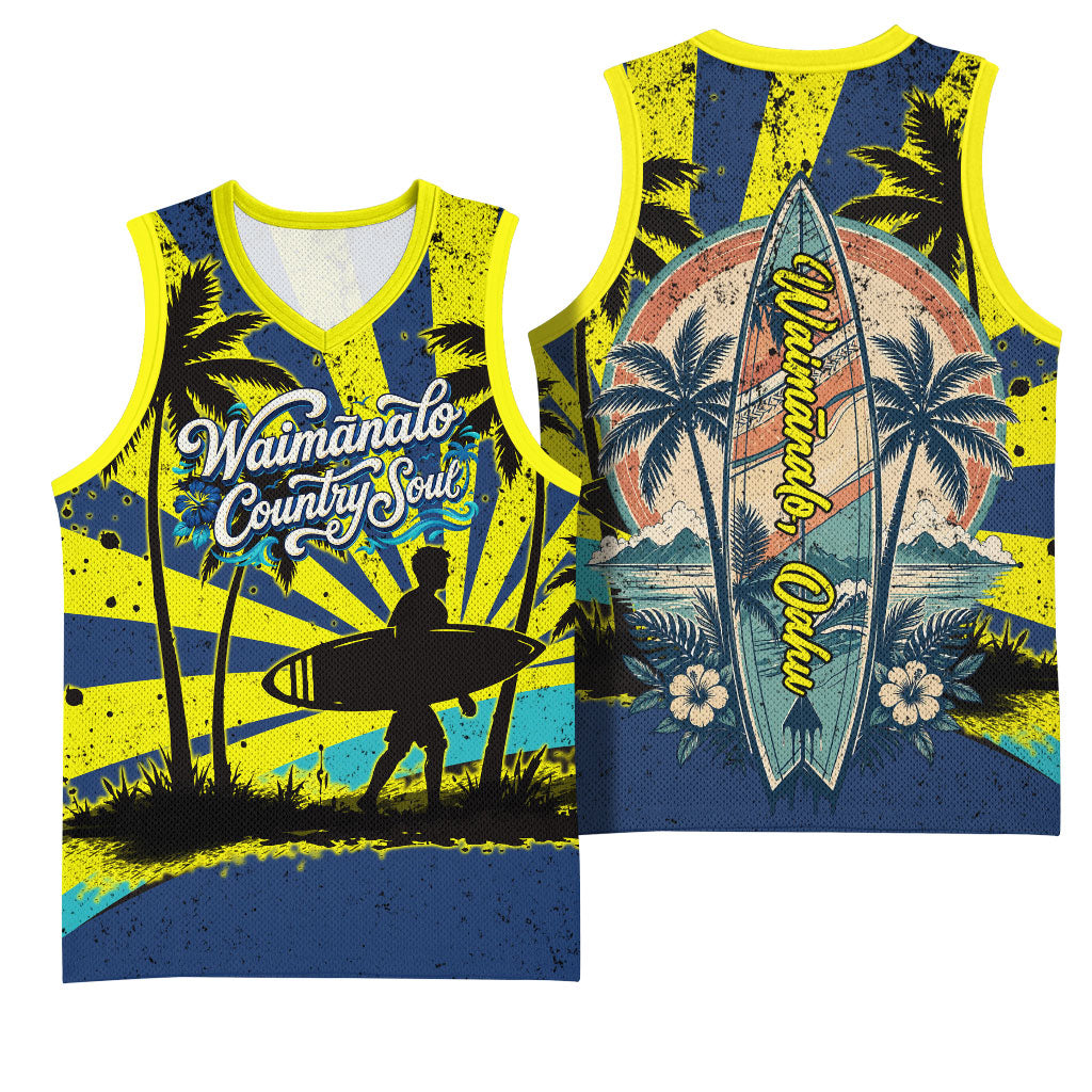 Waimanalo Oahu Hawaii Surfing Basketball Jersey Tropical Beach Retro Sunburst Surfboard