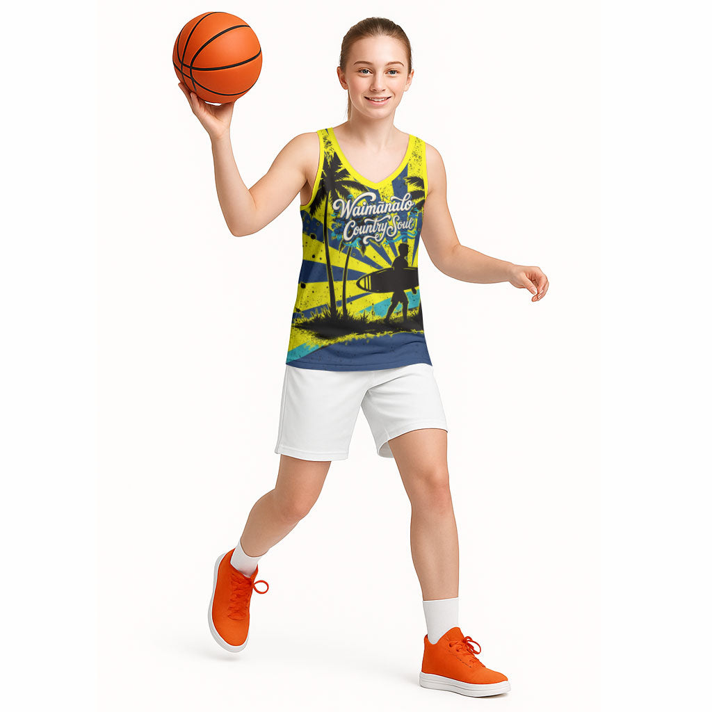Waimanalo Oahu Hawaii Surfing Basketball Jersey Tropical Beach Retro Sunburst Surfboard