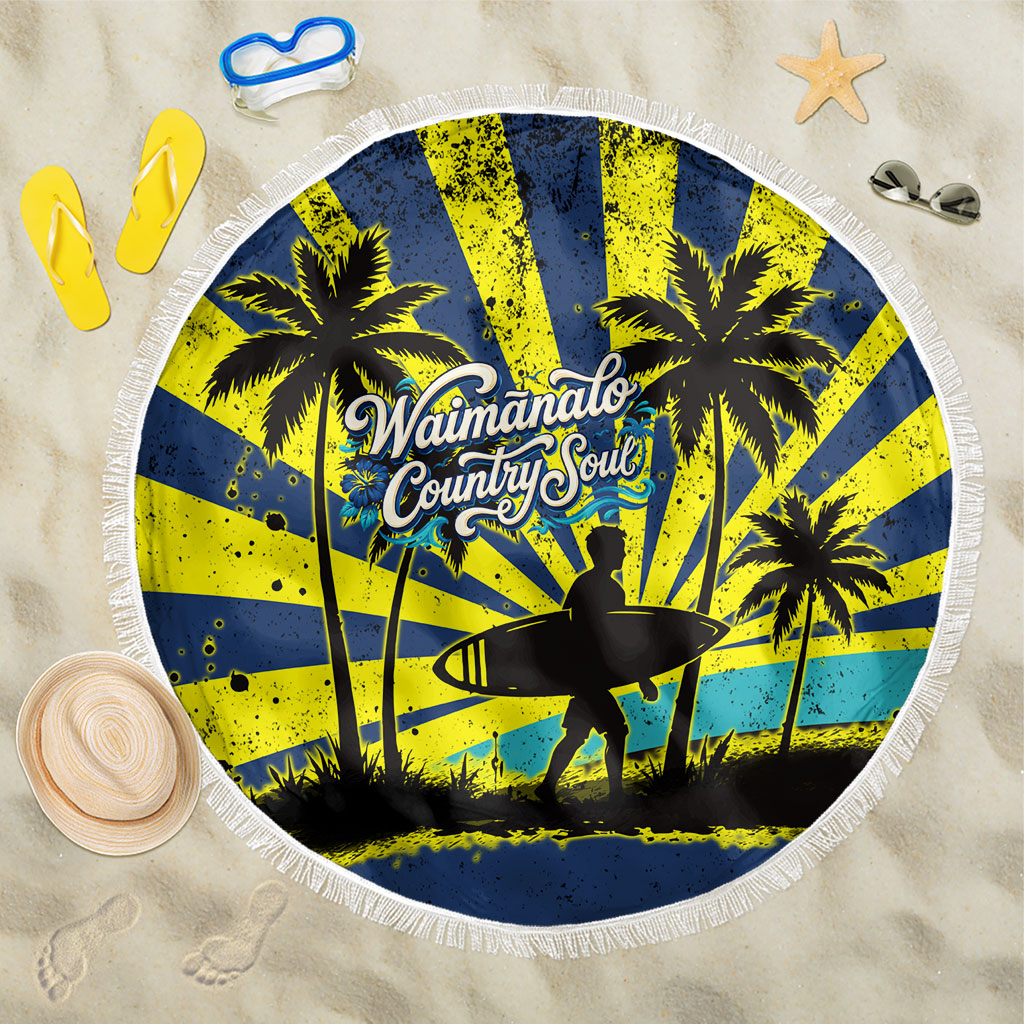 Waimanalo Oahu Hawaii Surfing Beach Blanket Tropical Beach Retro Sunburst Surfboard TS04 One Size 150cm Yellow Blue - Polynesian Pride