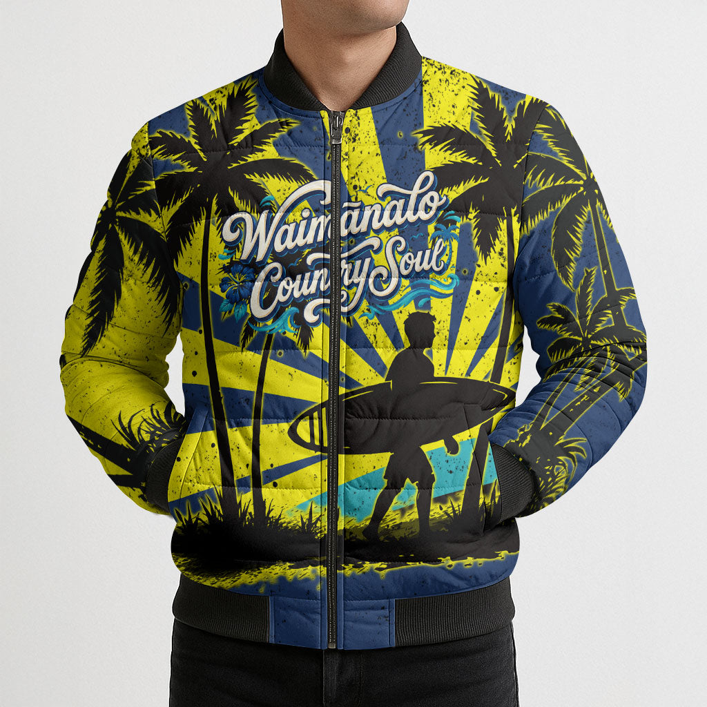 Waimanalo Oahu Hawaii Surfing Bomber Puffer Jacket Tropical Beach Retro Sunburst Surfboard