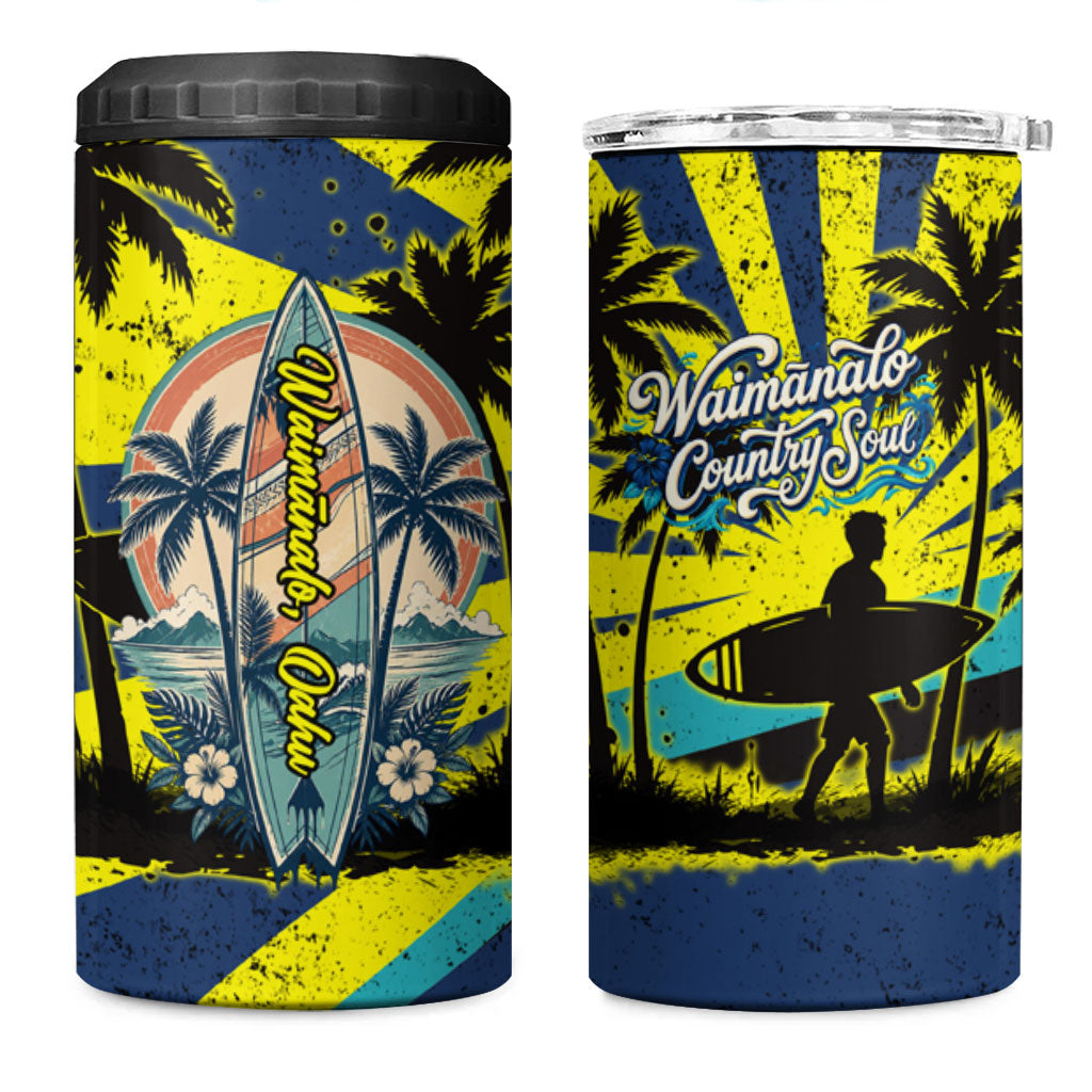 Waimanalo Oahu Hawaii Surfing 4 in 1 Can Cooler Tumbler Tropical Beach Retro Sunburst Surfboard