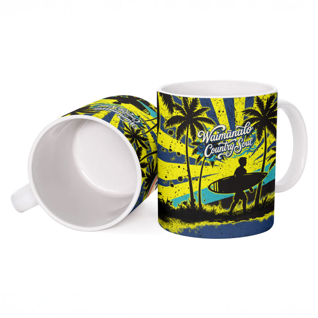 Waimanalo Oahu Hawaii Surfing Ceramic Mug Tropical Beach Retro Sunburst Surfboard