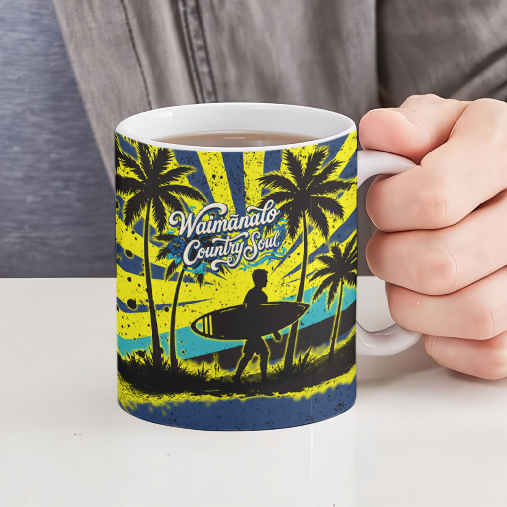 Waimanalo Oahu Hawaii Surfing Ceramic Mug Tropical Beach Retro Sunburst Surfboard