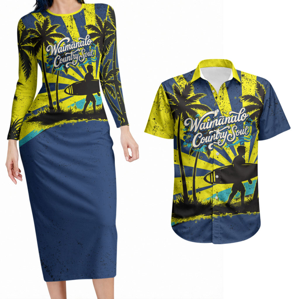Waimanalo Oahu Hawaii Surfing Couples Matching Long Sleeve Bodycon Dress and Hawaiian Shirt Tropical Beach Retro Sunburst Surfboard