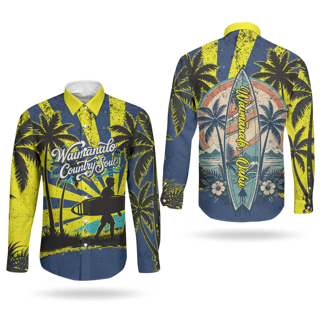 Waimanalo Oahu Hawaii Surfing Couples Matching Mermaid Dress and Long Sleeve Button Shirt Tropical Beach Retro Sunburst Surfboard