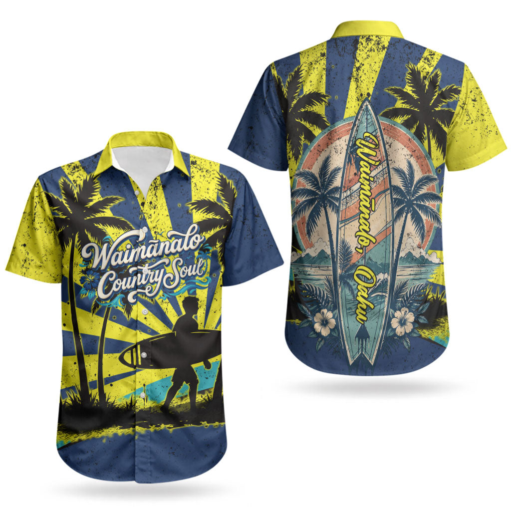 Waimanalo Oahu Hawaii Surfing Couples Matching Off Shoulder Maxi Dress and Hawaiian Shirt Tropical Beach Retro Sunburst Surfboard