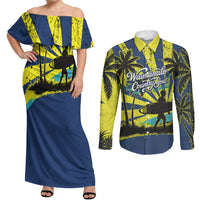 Waimanalo Oahu Hawaii Surfing Couples Matching Off Shoulder Maxi Dress and Long Sleeve Button Shirt Tropical Beach Retro Sunburst Surfboard
