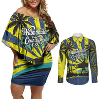 Waimanalo Oahu Hawaii Surfing Couples Matching Off Shoulder Short Dress and Long Sleeve Button Shirt Tropical Beach Retro Sunburst Surfboard