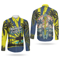 Waimanalo Oahu Hawaii Surfing Couples Matching Off Shoulder Short Dress and Long Sleeve Button Shirt Tropical Beach Retro Sunburst Surfboard