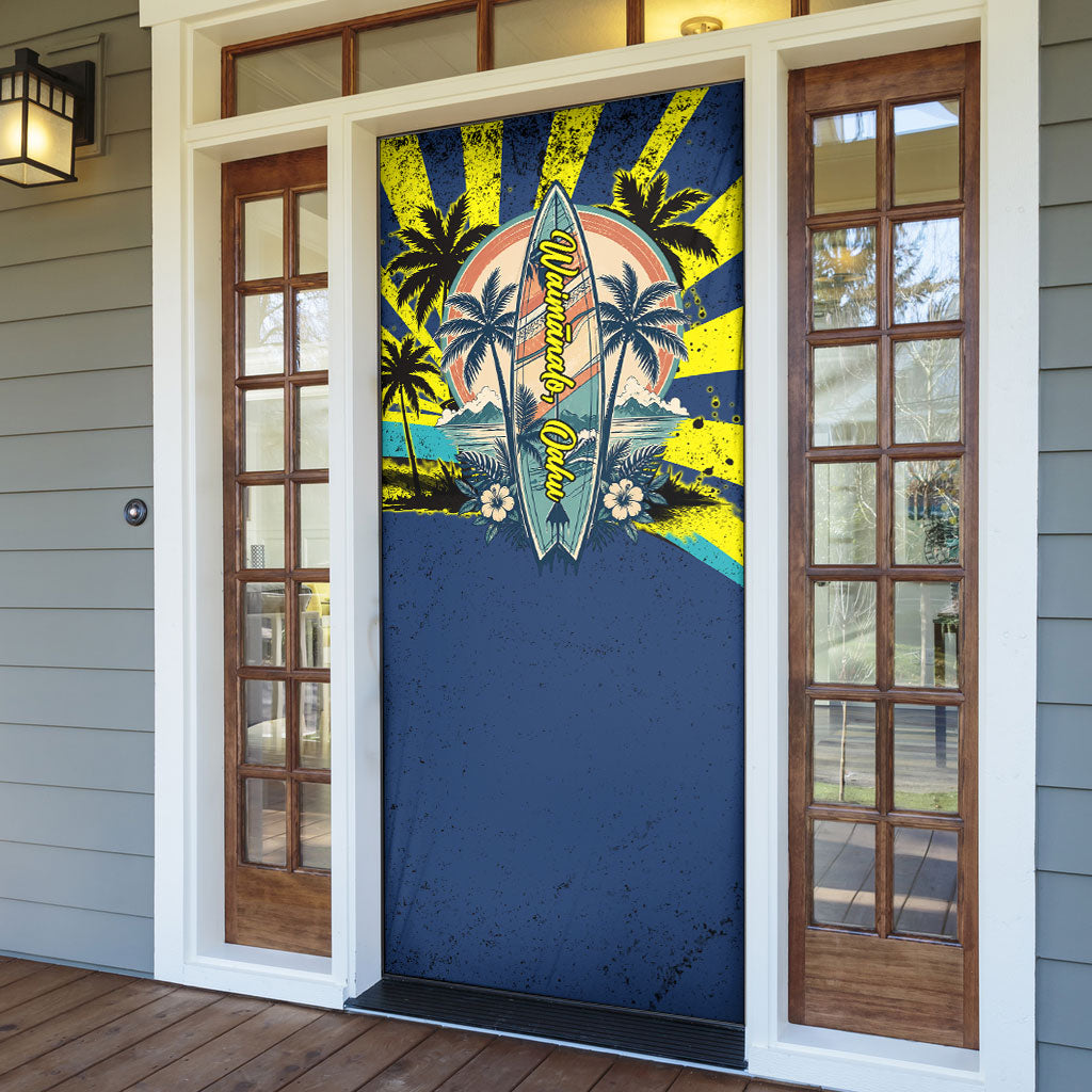Waimanalo Oahu Hawaii Surfing Door Cover Tropical Beach Retro Sunburst Surfboard