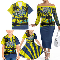 Waimanalo Oahu Hawaii Surfing Family Matching Off The Shoulder Long Sleeve Dress and Hawaiian Shirt Tropical Beach Retro Sunburst Surfboard