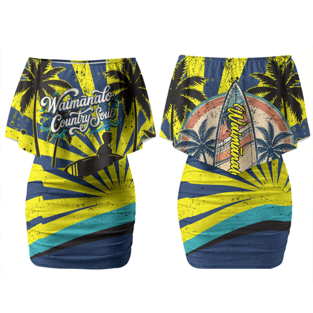 Waimanalo Oahu Hawaii Surfing Family Matching Off Shoulder Short Dress and Hawaiian Shirt Tropical Beach Retro Sunburst Surfboard