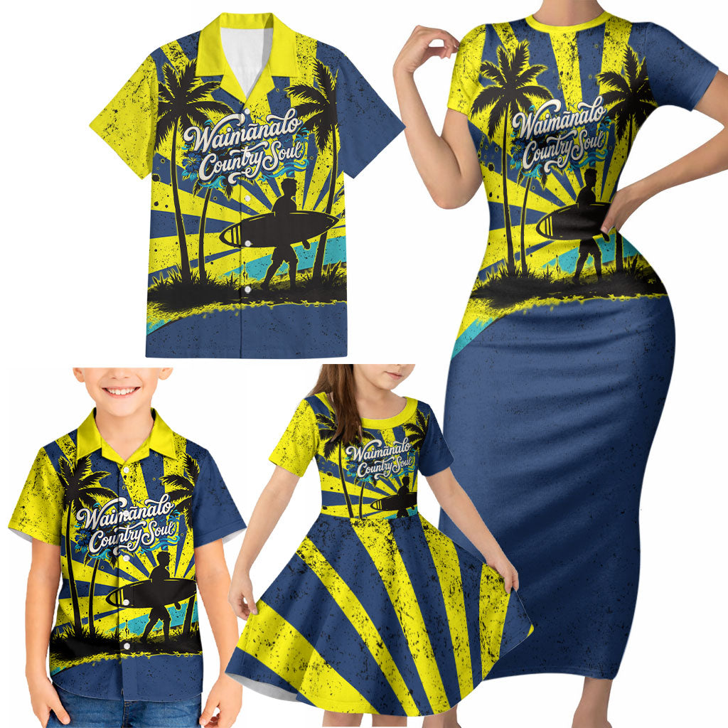 Waimanalo Oahu Hawaii Surfing Family Matching Short Sleeve Bodycon Dress and Hawaiian Shirt Tropical Beach Retro Sunburst Surfboard