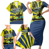 Waimanalo Oahu Hawaii Surfing Family Matching Short Sleeve Bodycon Dress and Hawaiian Shirt Tropical Beach Retro Sunburst Surfboard