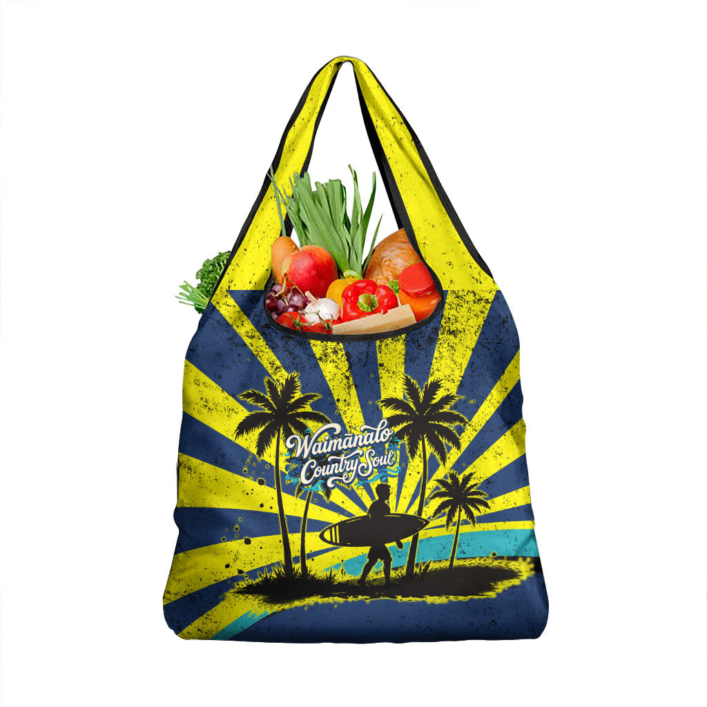 Waimanalo Oahu Hawaii Surfing Grocery Bag Tropical Beach Retro Sunburst Surfboard
