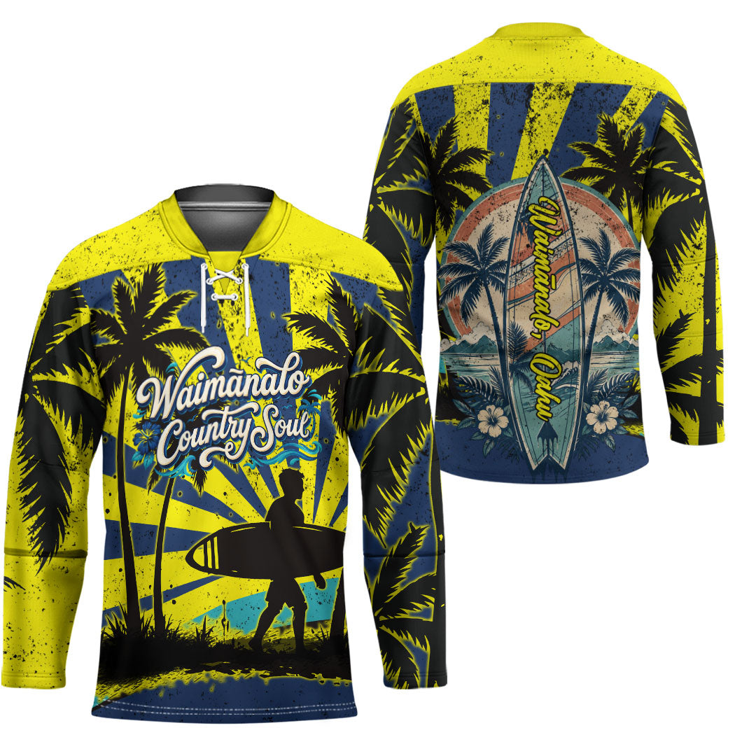 Waimanalo Oahu Hawaii Surfing Hockey Jersey Tropical Beach Retro Sunburst Surfboard