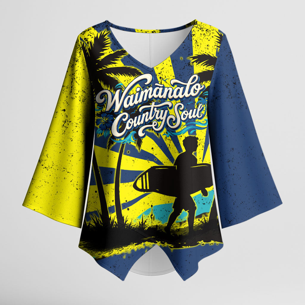 Waimanalo Oahu Hawaii Surfing Kimono Sleeve Blouse Tropical Beach Retro Sunburst Surfboard